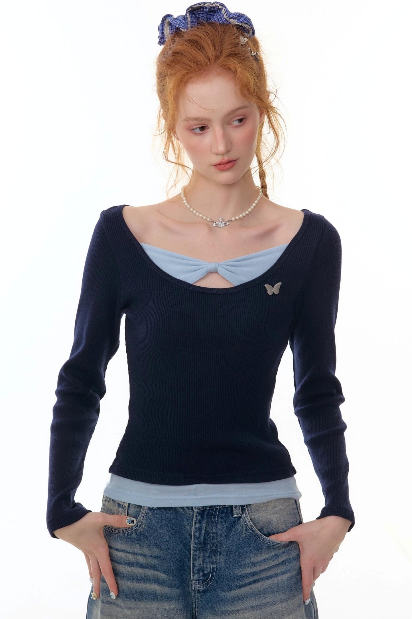 Fake Two Bow Long sleeve T-shirt