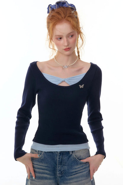 Fake Two Bow Long sleeve T-shirt