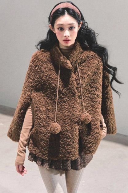 Korean-Style Lamb Wool Cape Coat