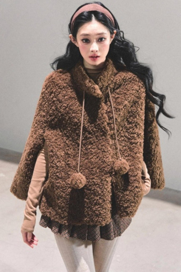Korean-Style Lamb Wool Cape Coat