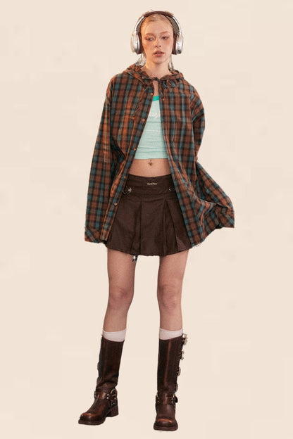 Plaid Contrast Hooded Long Sleeve Shirt