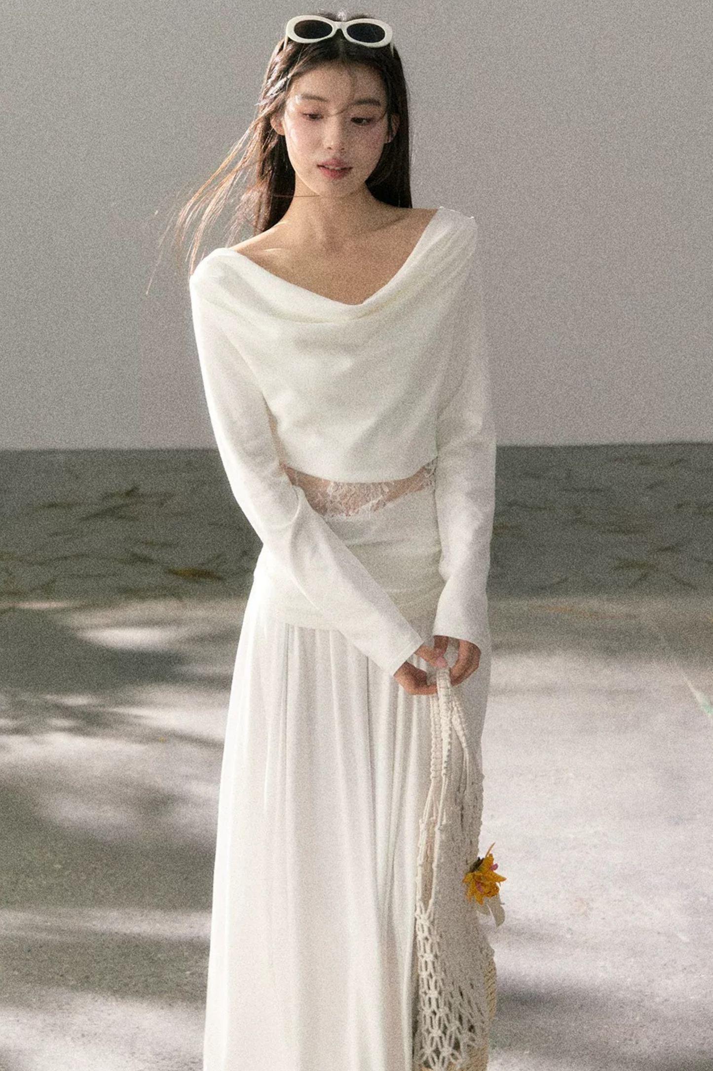 White Lace Cutout Draped Top Set-Up