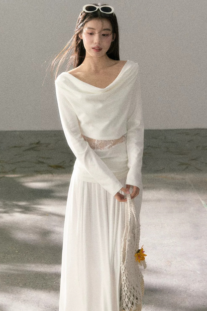 White Lace Cutout Draped Top Set-Up
