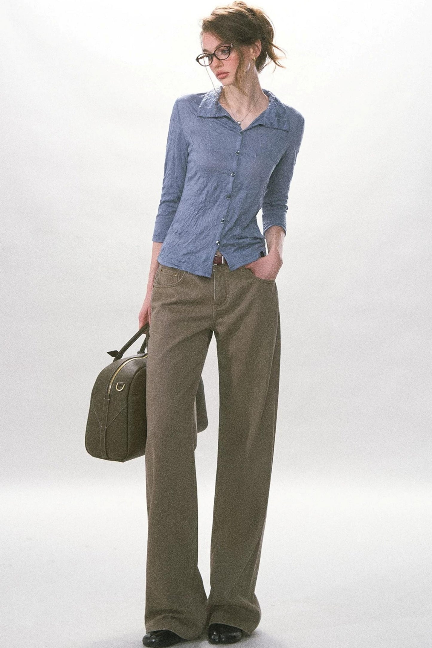 Pantalon rétro à jambes larges en sergé délavé