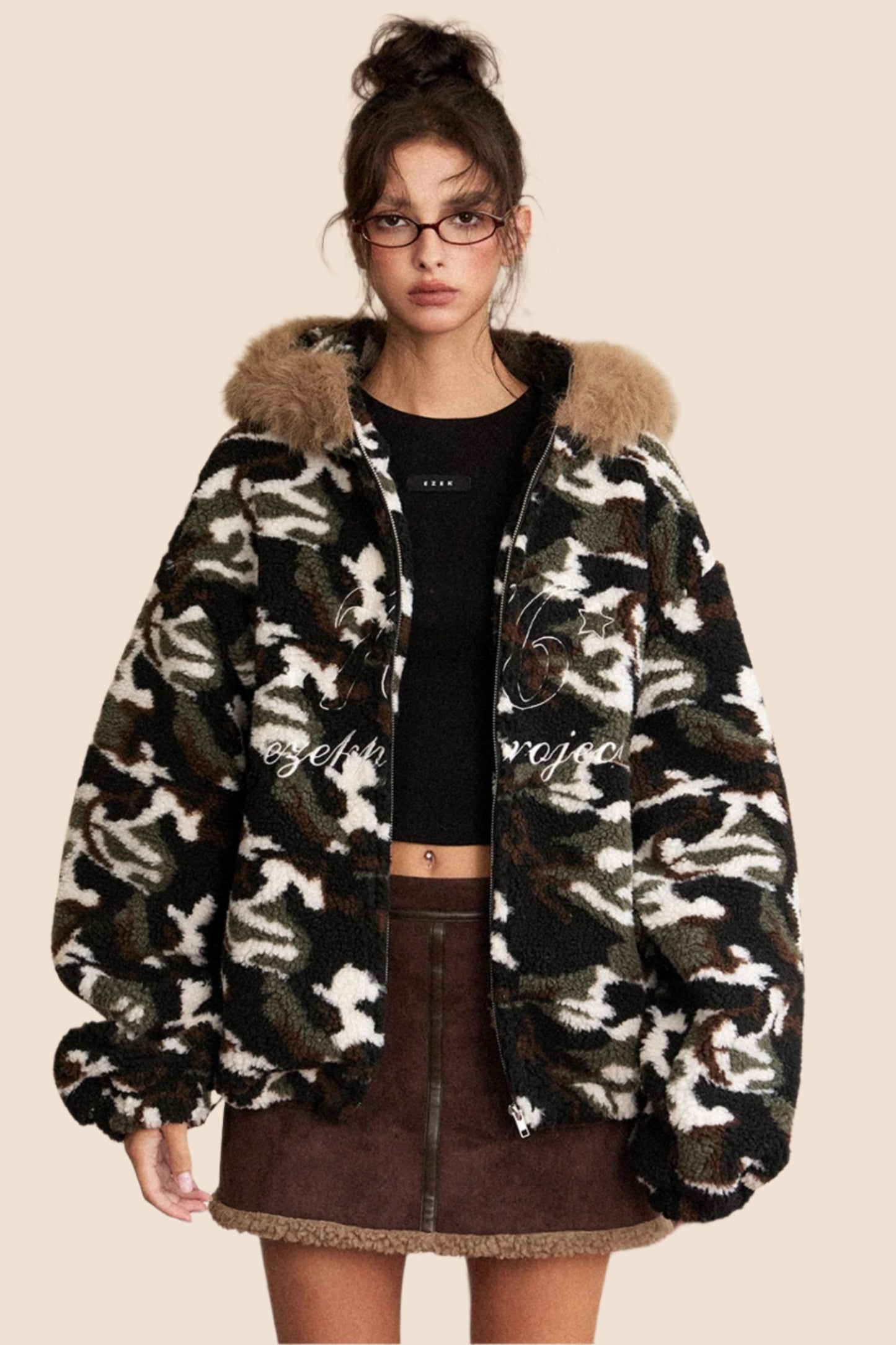 Retro Fur Collar Camouflage Wool Coat