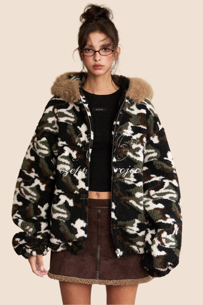 EZEK AMERICAN RETRO FUR COLLAR HOODED CAMOUFLAGE LAMB WOOL COAT WOMEN'S FLEECE THICKENED AUTUMN AND WINTER NEW COTTON CLOTHING TIDE