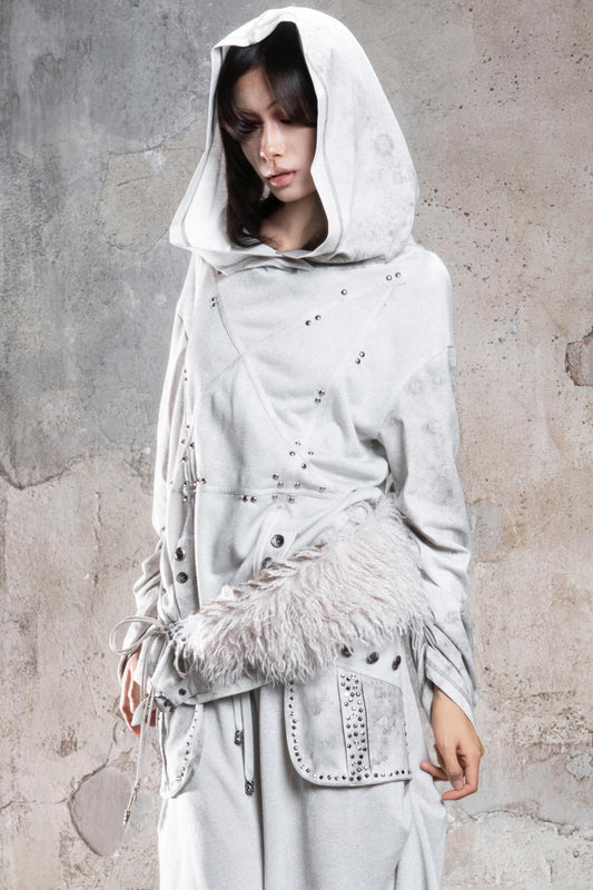 Retro Rivet Hooded Fleece Sweatshirt