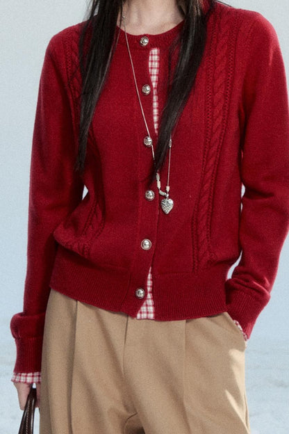 Red Patchwork Knit Cardigan
