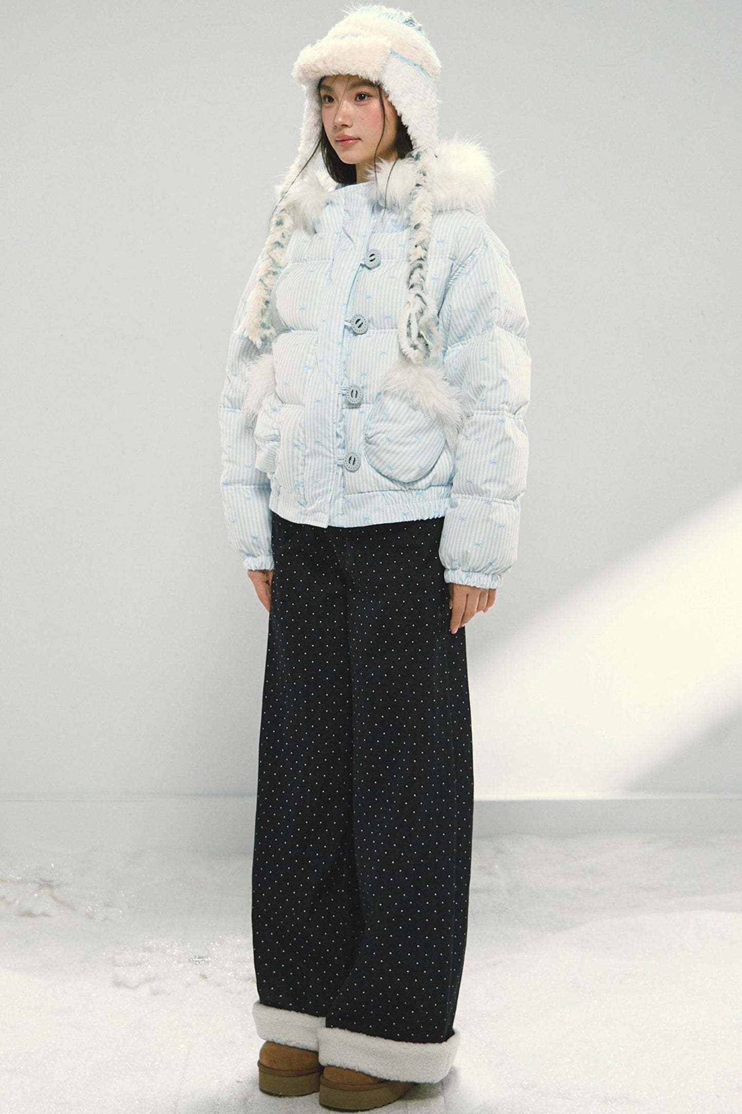 Dark Blue Polka Dot Patchwork Wide-Leg Jeans