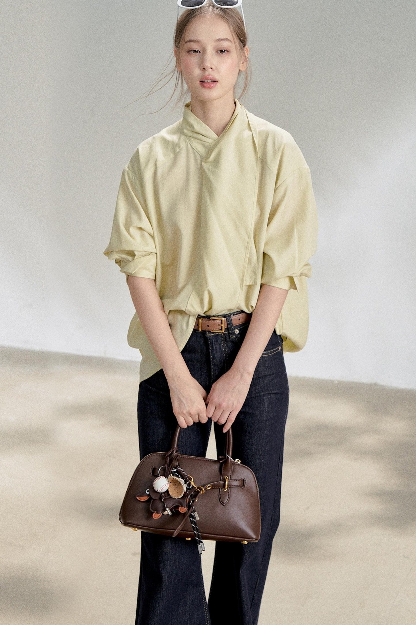 Yellow Lace-up Stand Collar Shirt