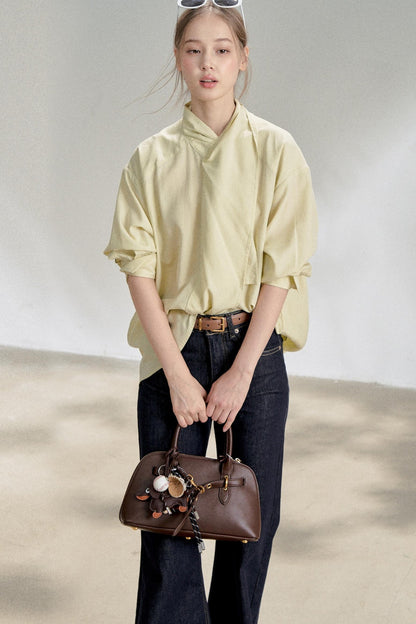 Yellow Lace-up Stand Collar Shirt