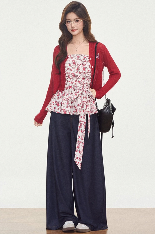 Knitted Cardigan Floral Dress Set-Up