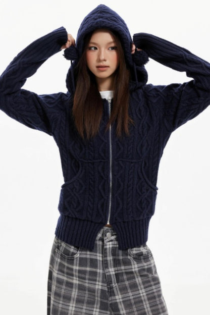 American Hooded Cable Knit Sweater