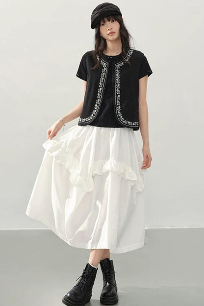 White High Waist Ruffle Midi Skirt