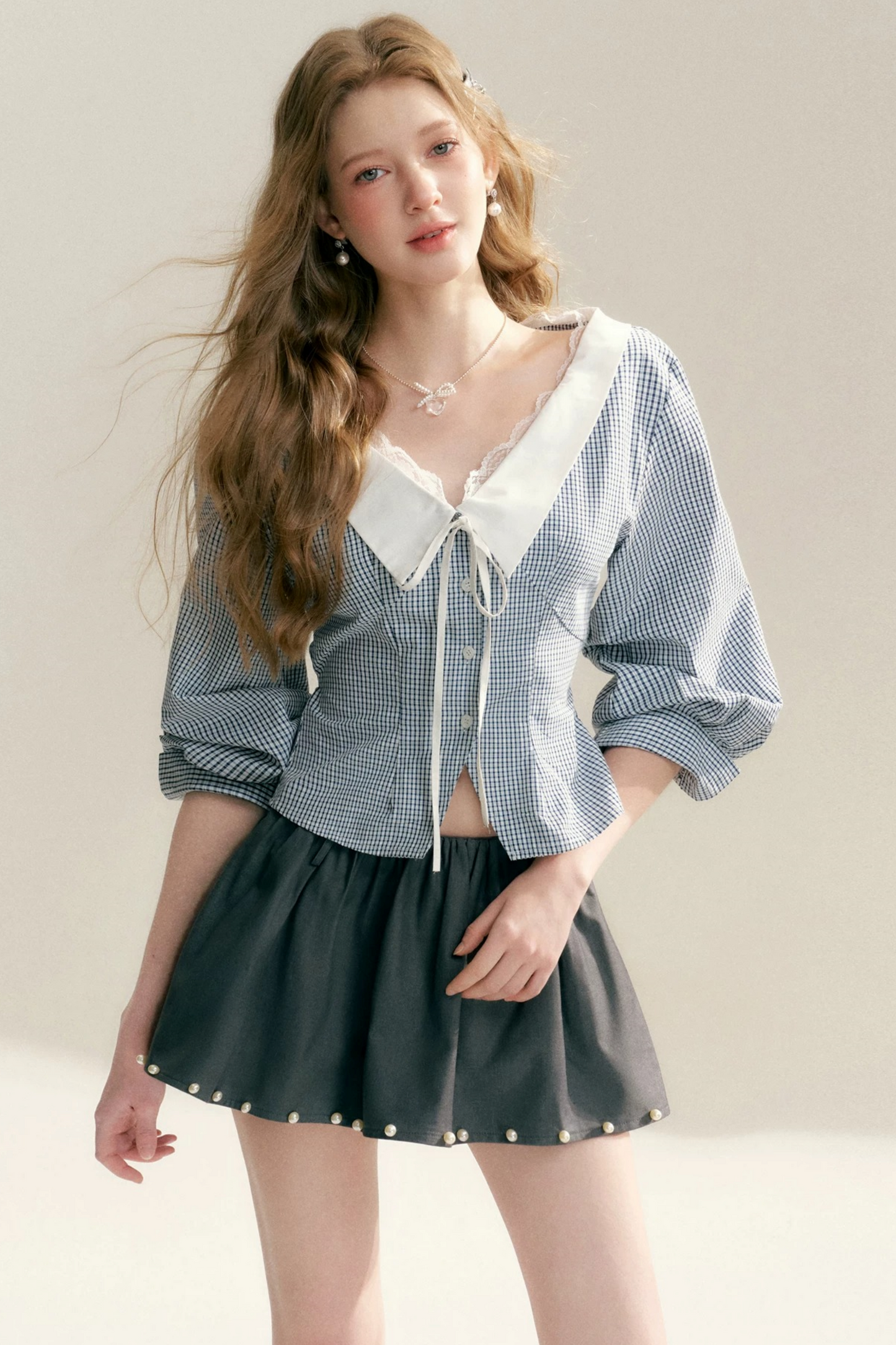 Lace Trim Plaid Blouse