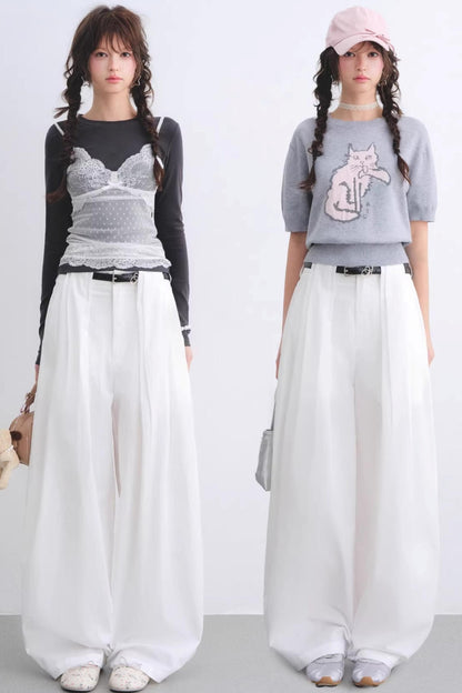 White Pleated Wide-Leg Pants Set-Up