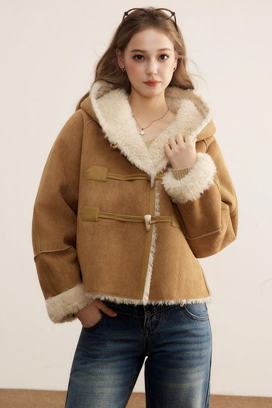 Short Suede Hooded Brown Jacket