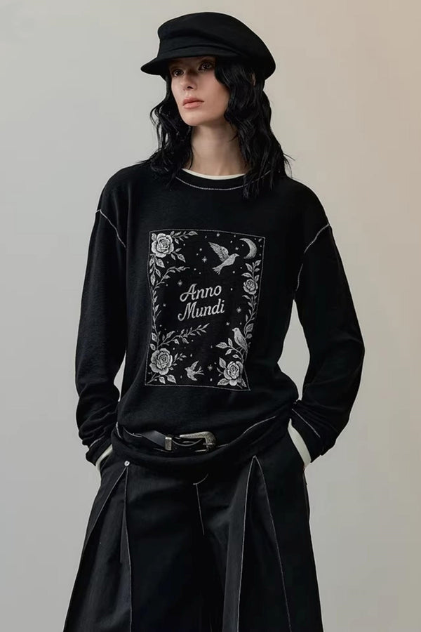 Embroidered Rose Color-Block Blouse