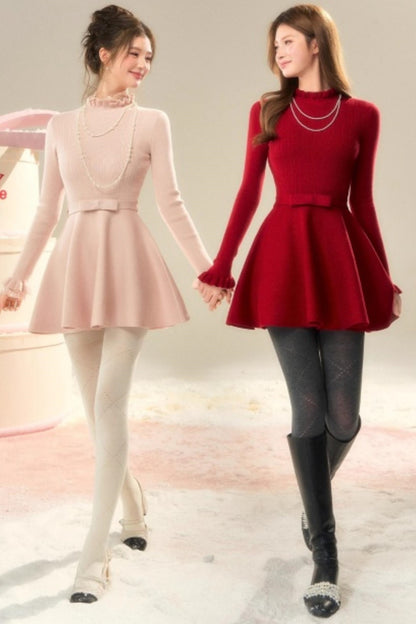 Lace High-Neck Knitted Dress