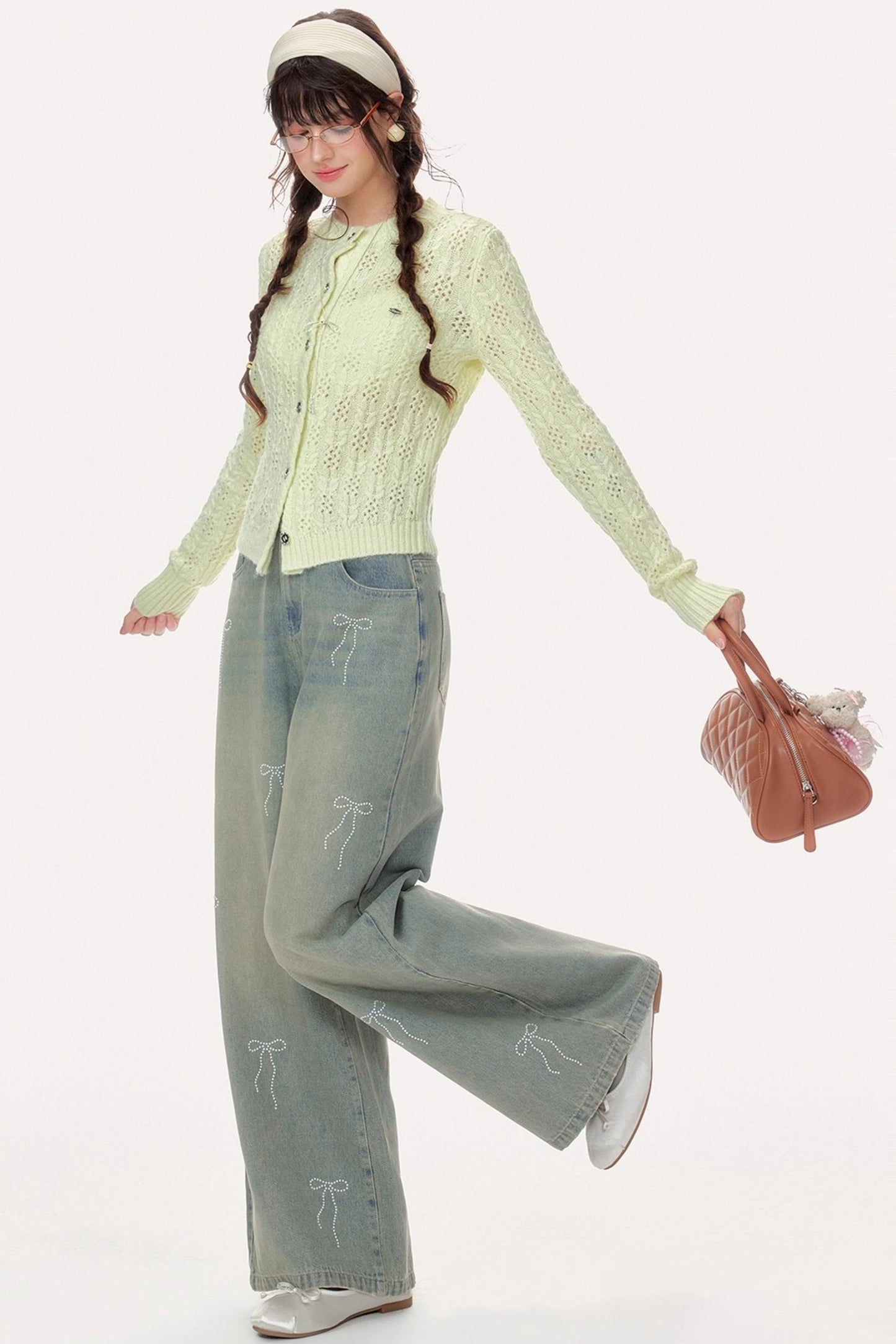 Vintage High-Waisted Diamond Bow Straight Pants