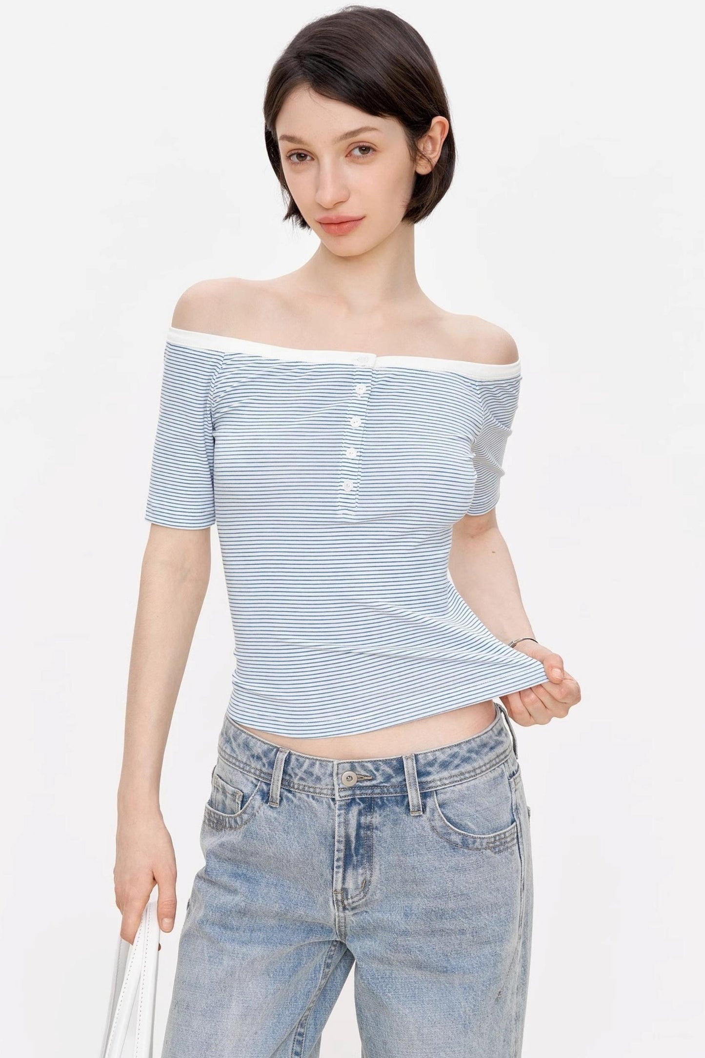 Blue Asymmetrical Lace Top