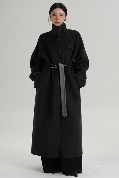 Temperament Design Color-Blocking Woolen Coat