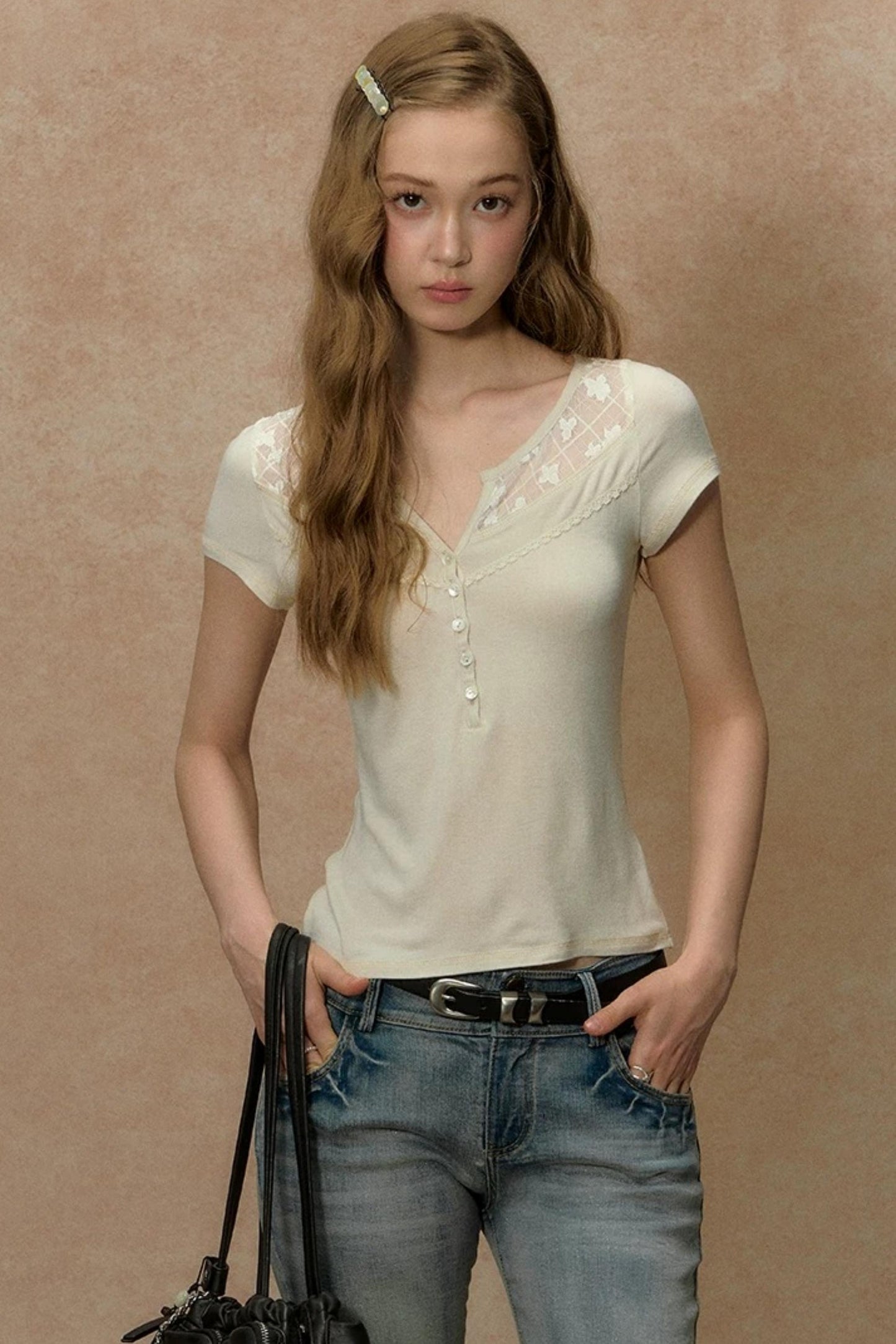 Tee-shirt Rêves duveteux à bordure en dentelle