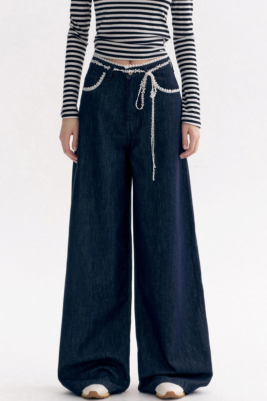 Lace Panel Bow Wide-Leg Jeans