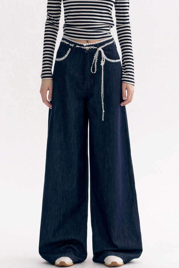 Lace Panel Bow Wide-Leg Jeans