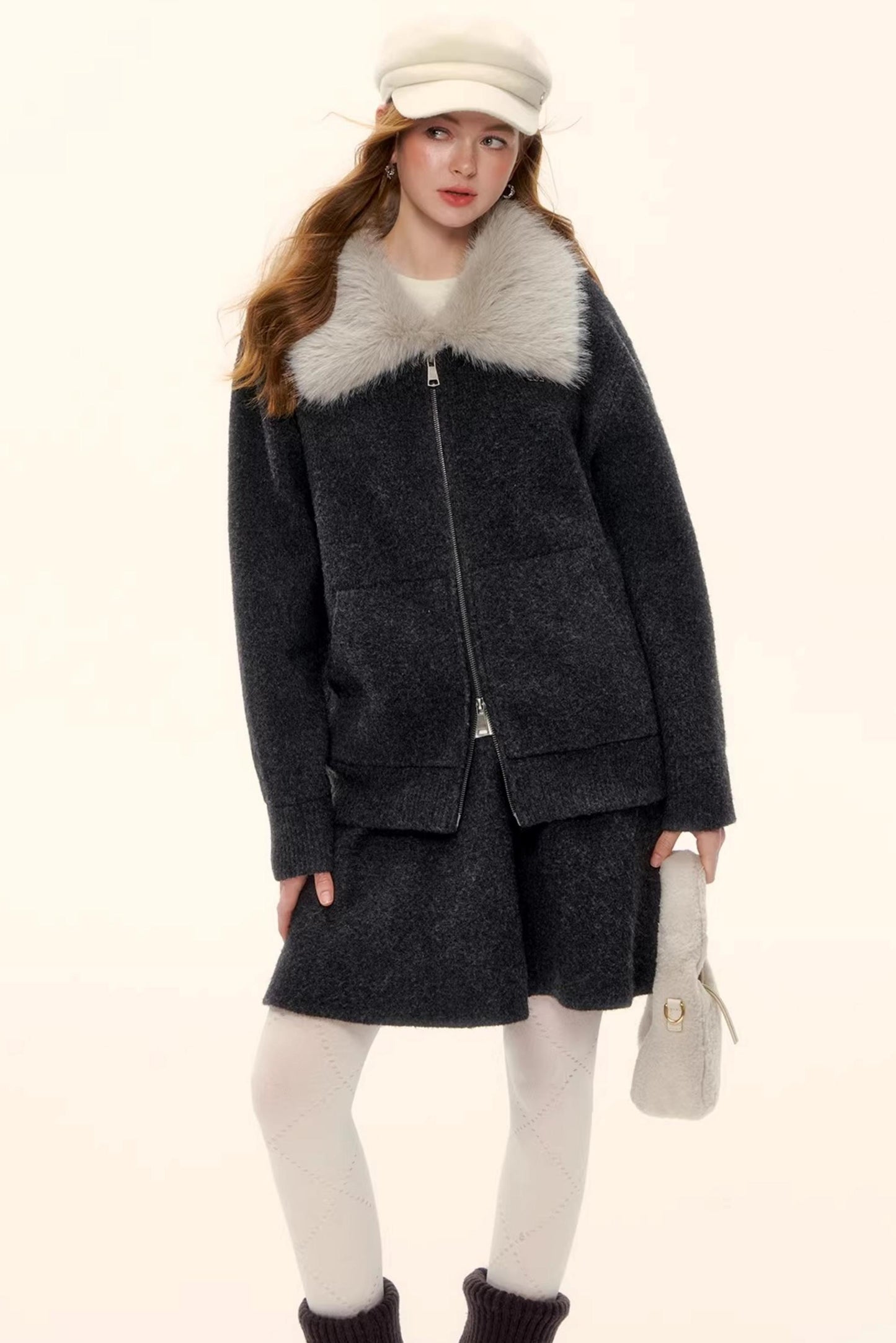 Wool Blend Lapel Fur Collar Coat Set-Up
