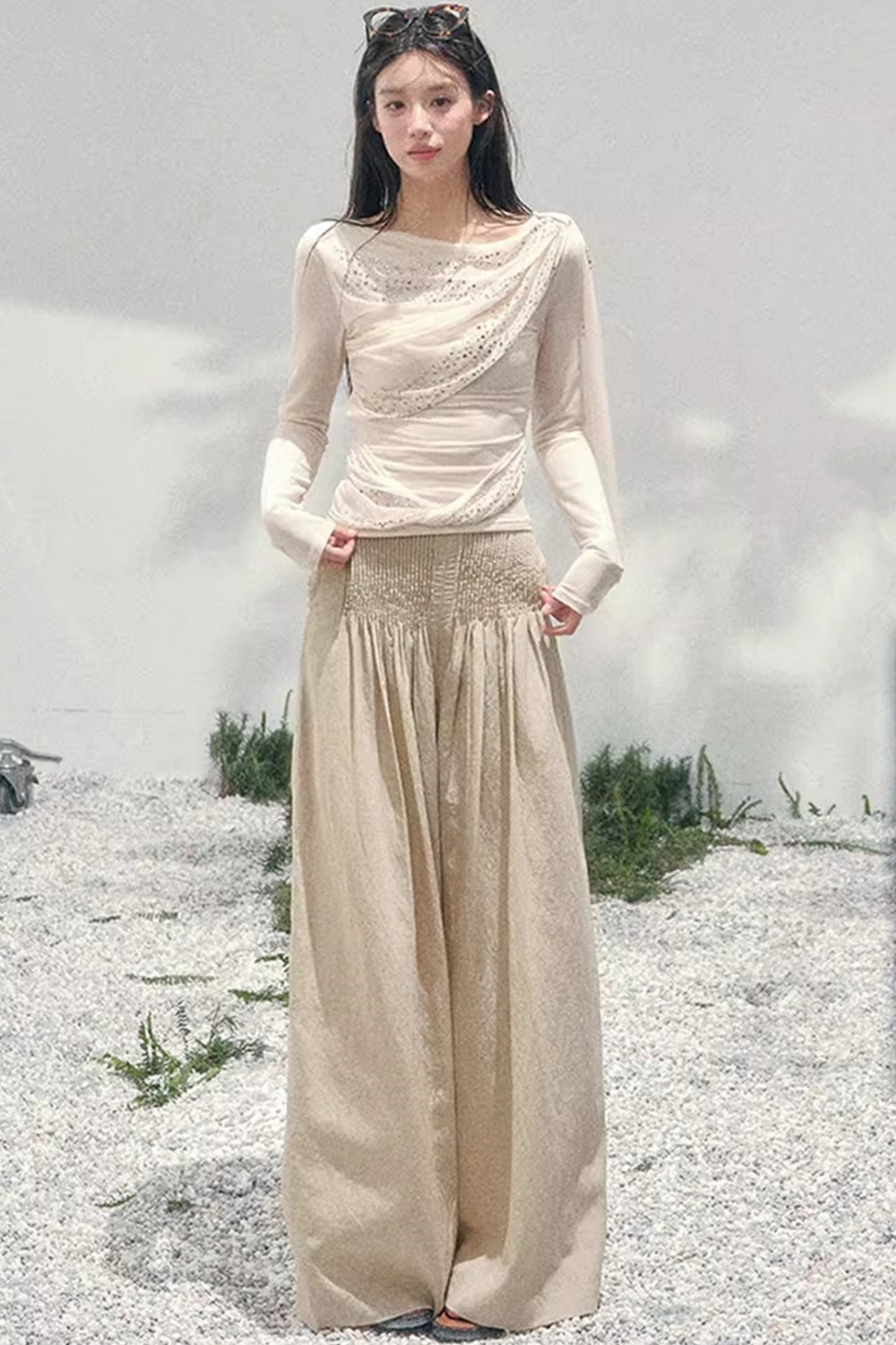 Sheer Rhinestone Slim-Fit Top Set