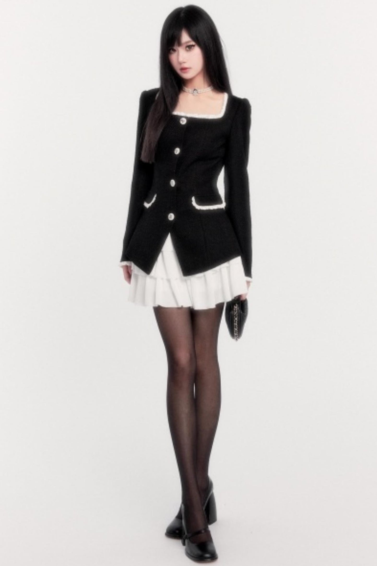 Retro Tweed Waist Jacket Dress Set-Up