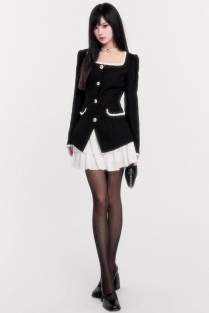 Retro Tweed Waist Jacket Dress Set-Up