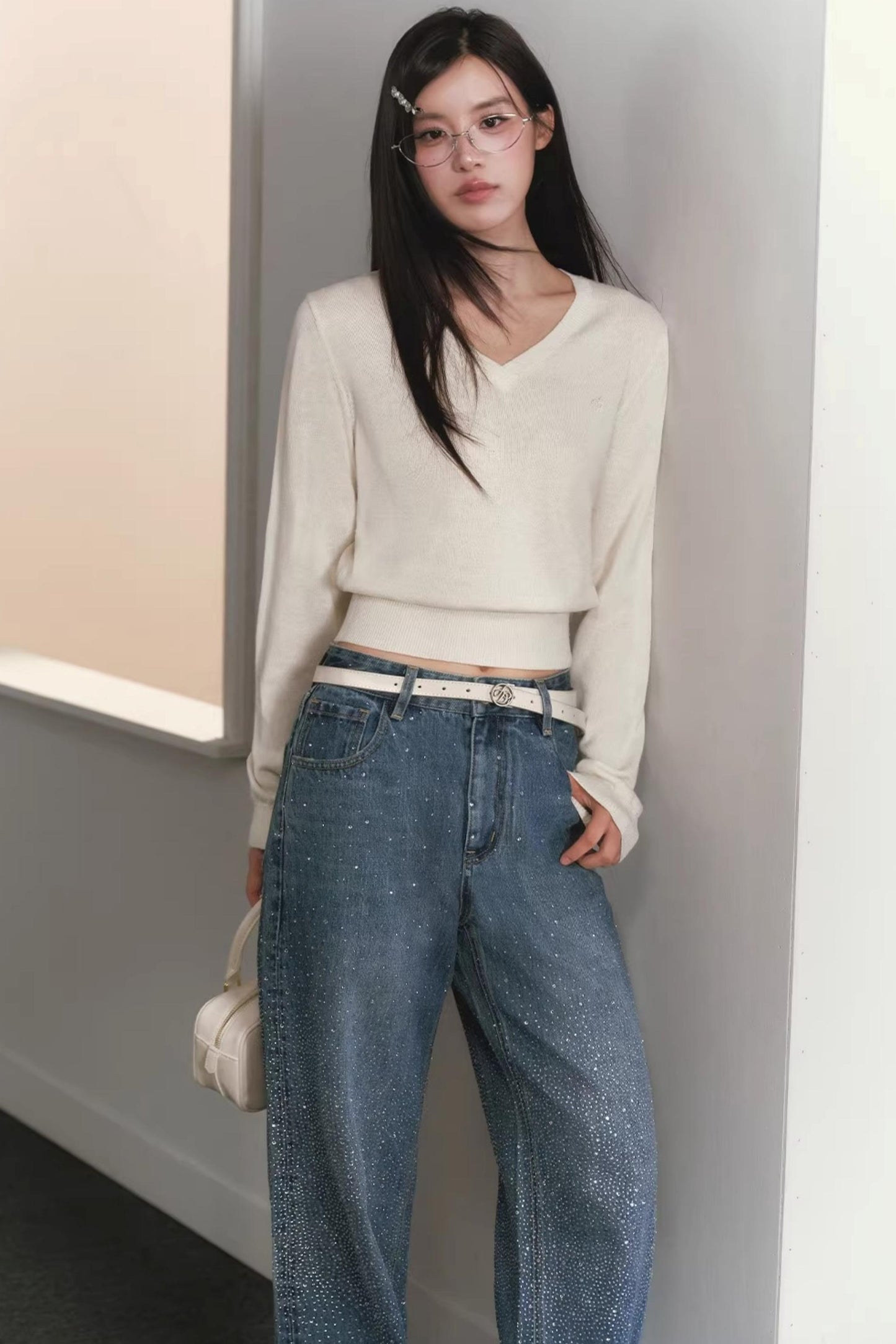 V-Neck Waist-Cinching Knit Sweater