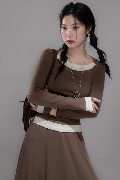 White Milk Coffee Knitted Top & Skirt Set