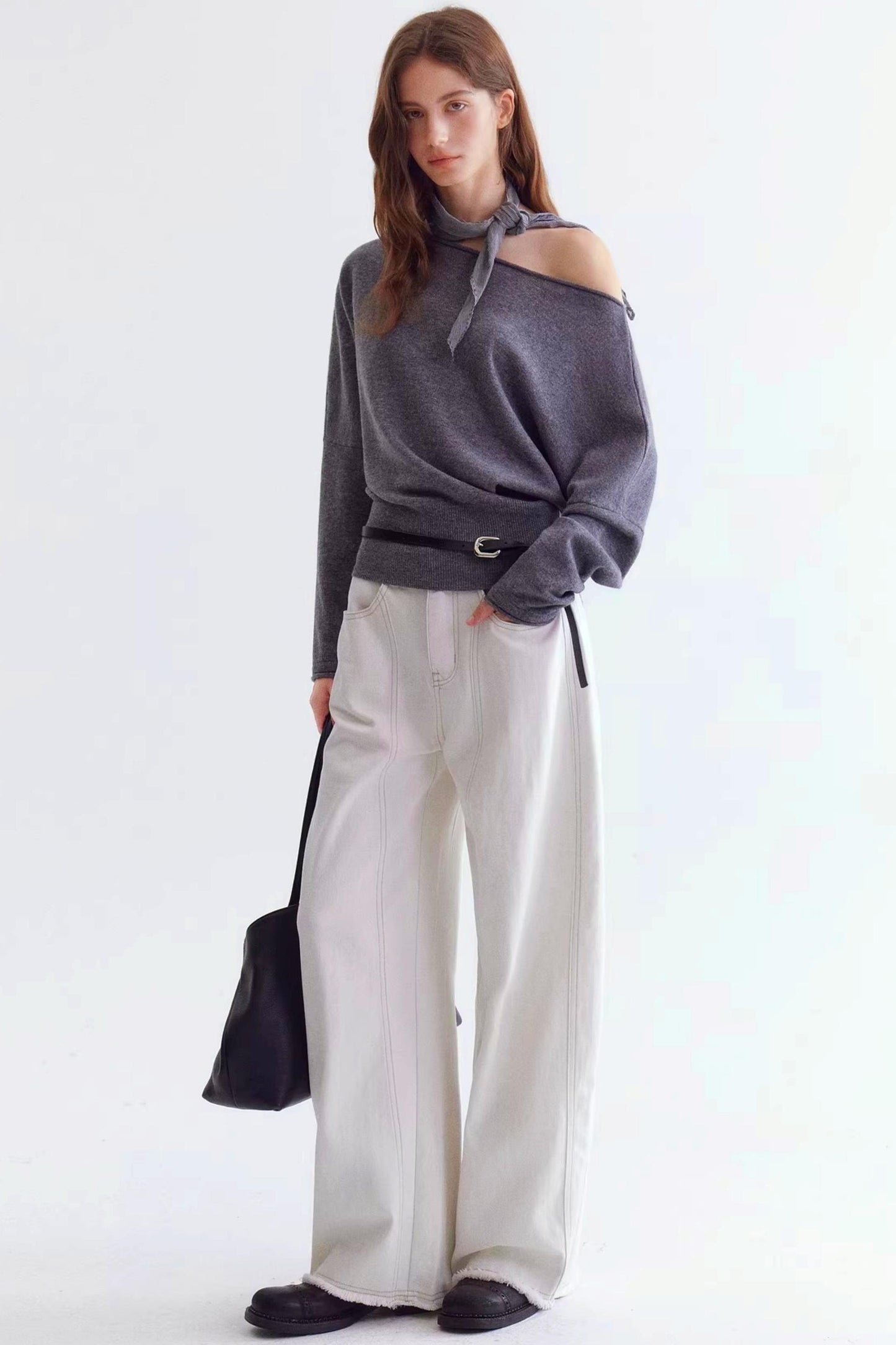 Rolled Edge Off-Shoulder Wool Sweater