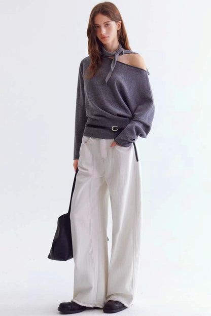Rolled Edge Off-Shoulder Wool Sweater