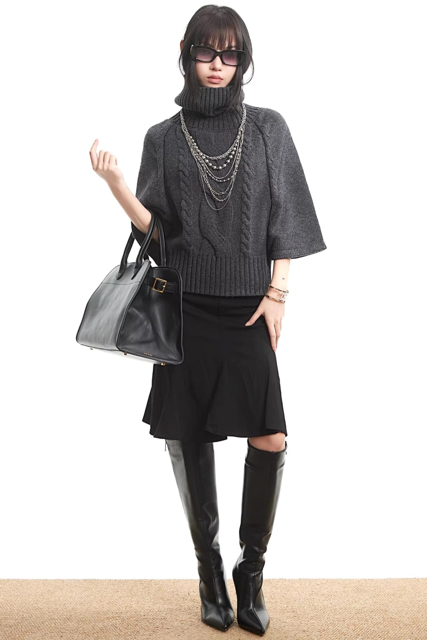 Black Pleated Fishtail Skirt