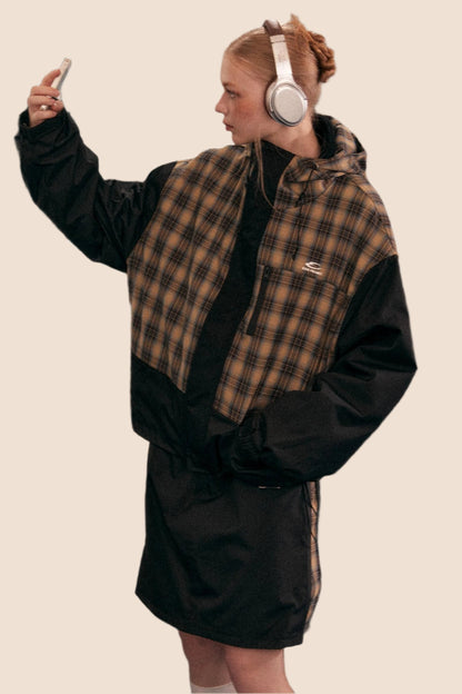 Retro Plaid Stitching Hooded Jacket Set-Up