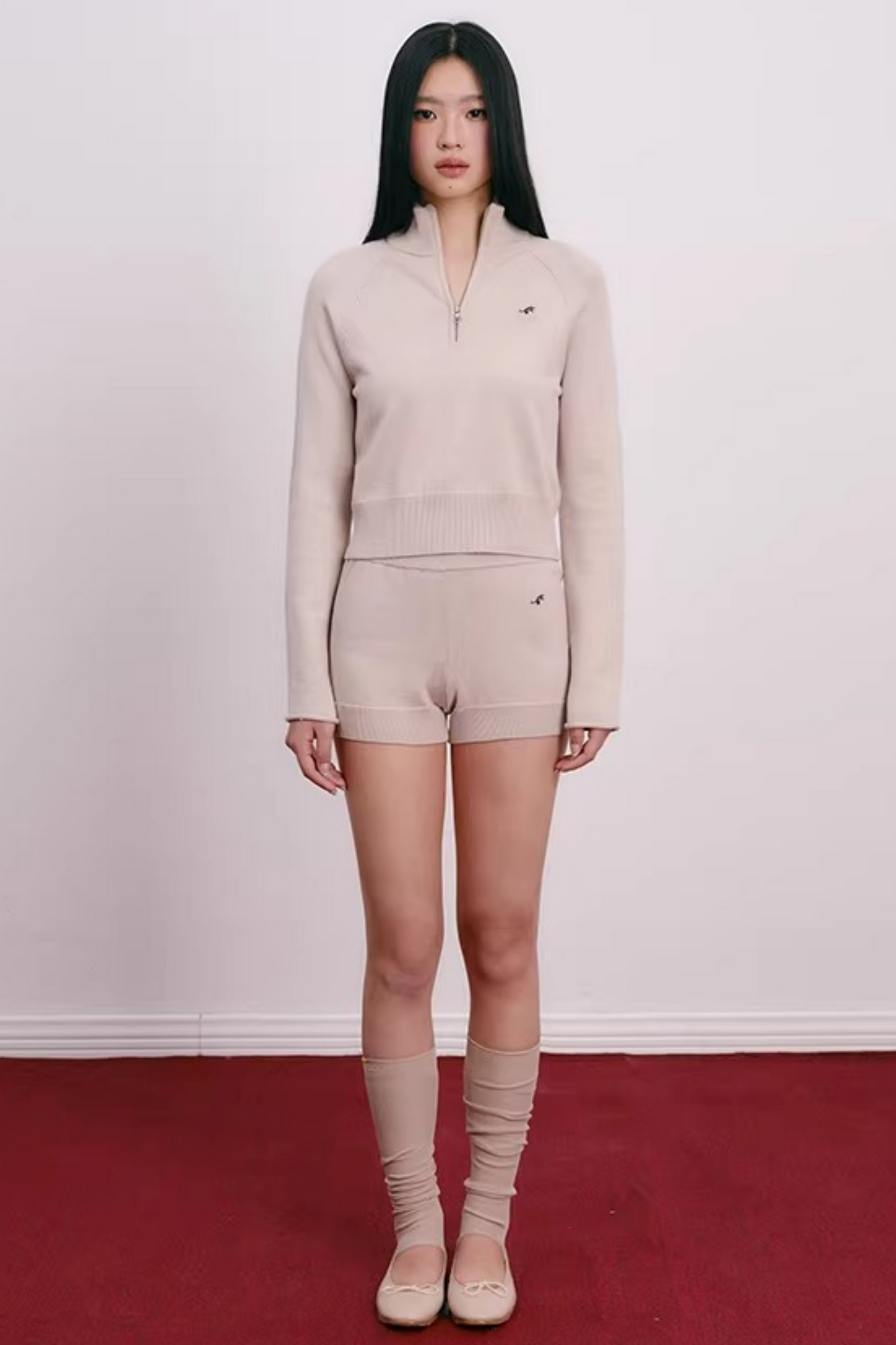 Cherry Embroidery Half-Zip Top Set