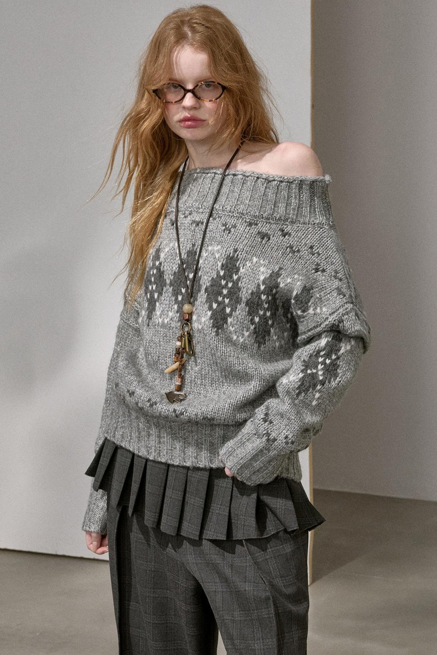 Thick Knit Argyle Off-Shoulder Sweater