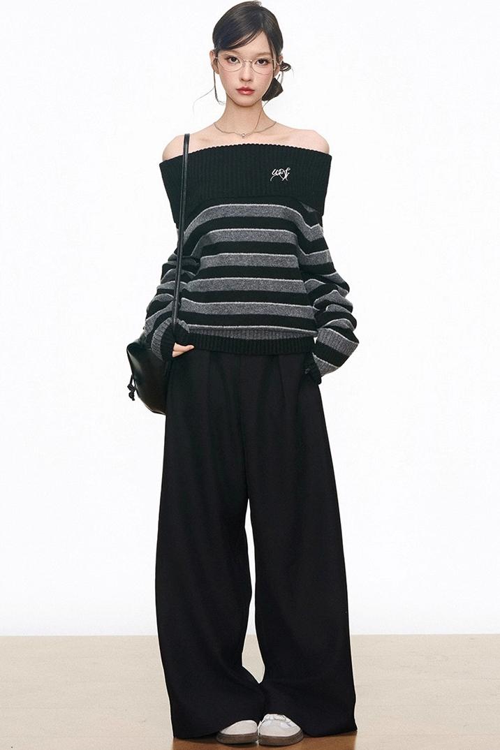 Lazy Striped One-Shoulder Sweater & Wide-Leg Pants Set-Up