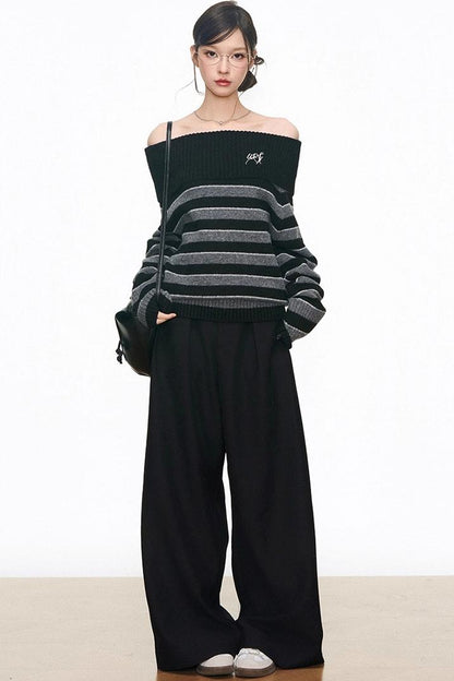 Lazy Striped One-Shoulder Sweater & Wide-Leg Pants Set-Up