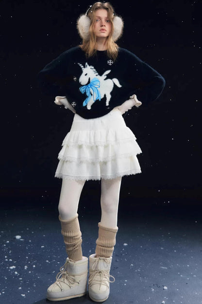 Lace Spliced Velvet Skirt