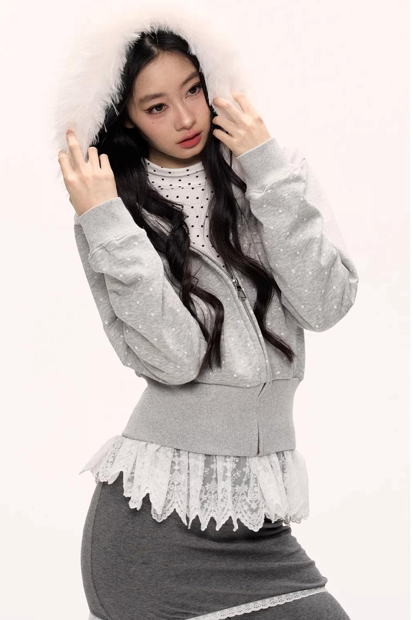 White Fur Collar Polka Dot Jacket