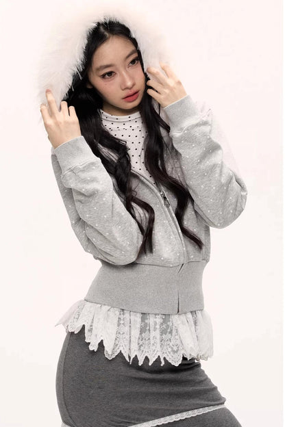 White Fur Collar Polka Dot Jacket