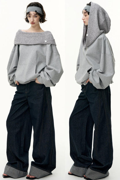 Slanted Shoulder Loose Pullover Sweatshirt
