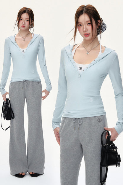 후드 긴팔 슬림핏 셔츠 