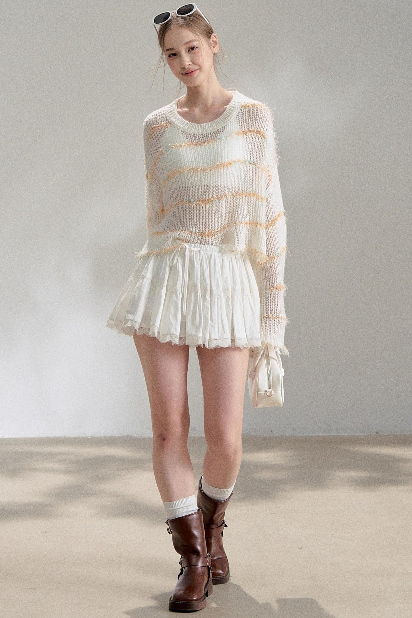 Silver Silk Blend Cropped Knit Blouse