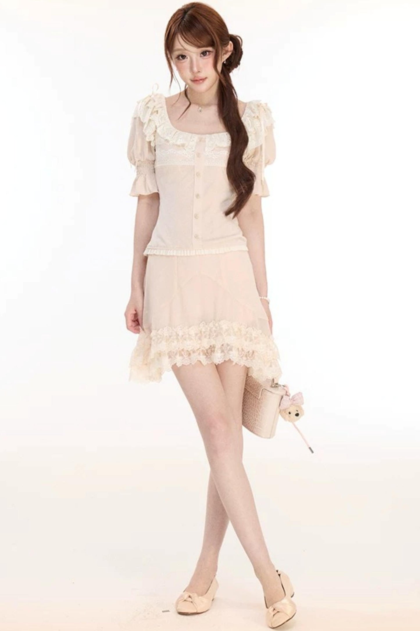 Floral Lace Lantern Sleeve Top and Chiffon Skirt Set-Up